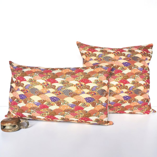 Housse de coussin, patchwork, tissus japonais, multicolores, ocre et or, rectangulaire ou carré au choix