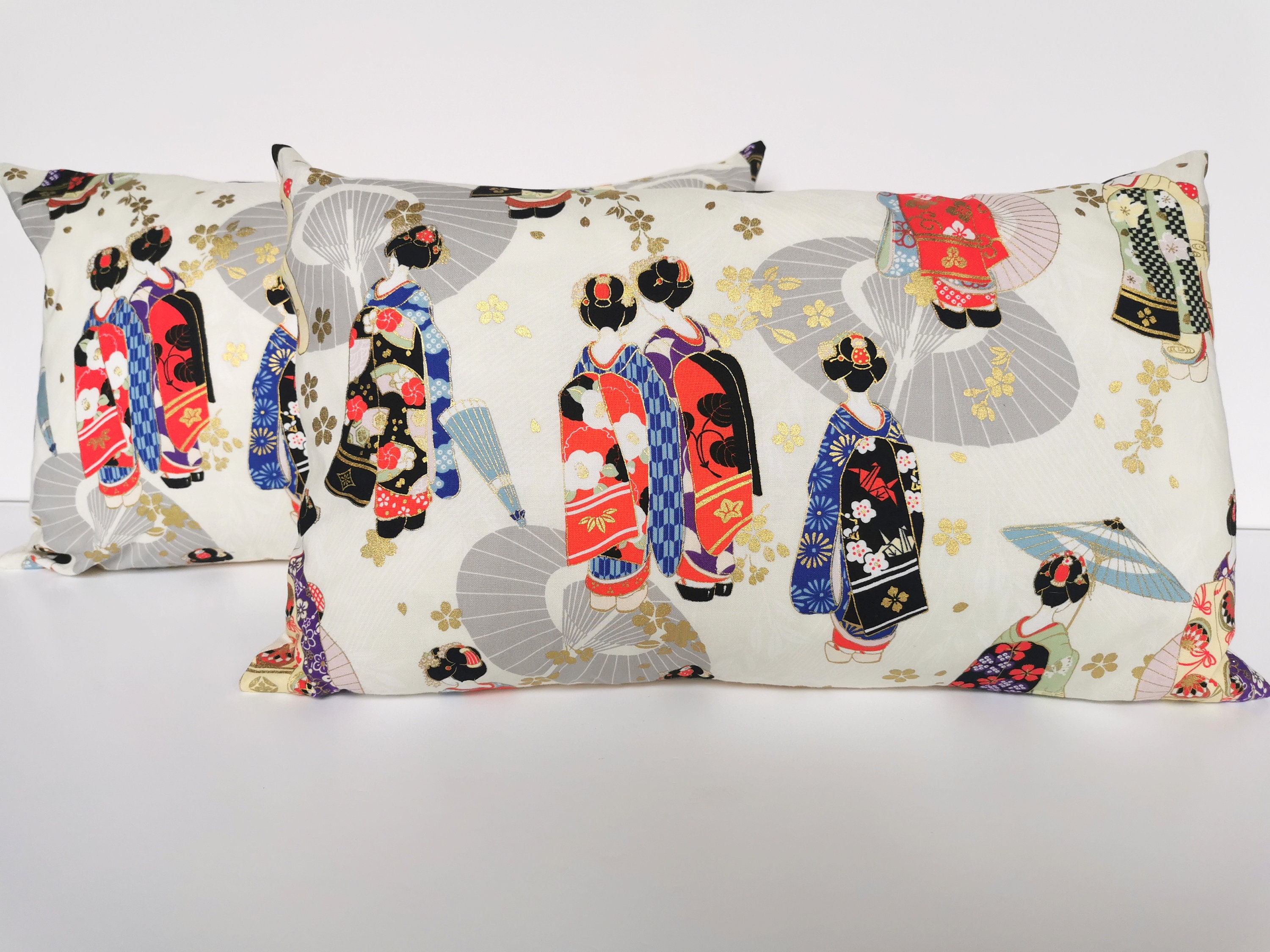 Housse de Coussin, Tissu Japonais Beige Clair, Crème , Geishas, Multicolores, Rectangulaire, 30 X 50