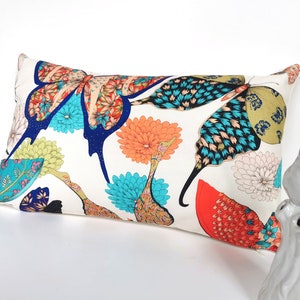 Cushion cover, pink, orange and yellow fish on a navy background, Thevelon &quot;Illiade&quot; fabric, rectangular cushion