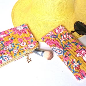 Astuccio piatto trapuntato in cotone indiano con custodia per occhiali, double-face. Set da 2 pezzi.