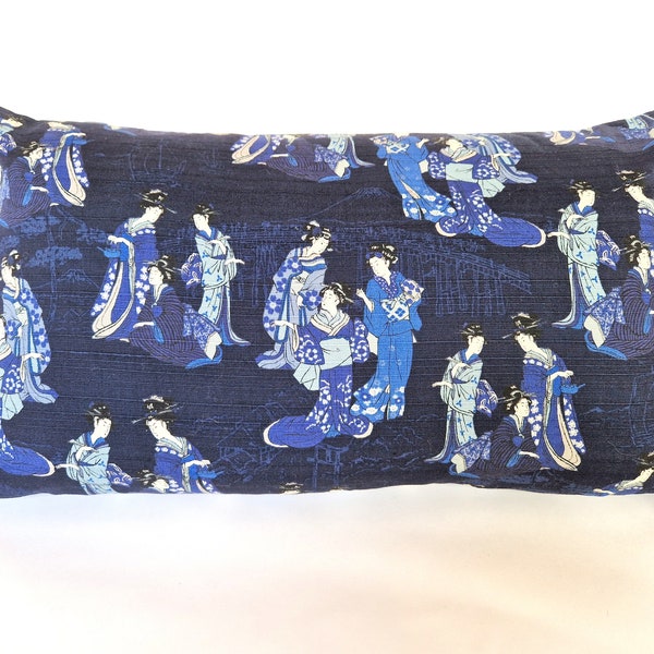 Housse de coussin, tissu coton structuré japonais bleu marine, geishas, rectangulaire, 30 x 50 cm, 12" x 20"