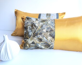 Cushion cover, golden, gray patchwork, double sided, vintage decoration, rectangular, 30 x 50 cm, 12 "x 20"