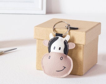 Cute Black&White Cow, Cow Bag Charm, Faux Leather Animal Keychain, Leather Key Ring, Handmade Keychain, Farm Keychain