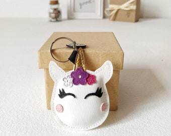 Unicorn Keychain, Unicorn Bag Charm, white Unicorn Faux Leather Keychain, Handmade Unicorn Keychain, Gift For Unicorn Lovers