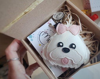 Portachiavi con simpatico cane maltese, portachiavi con cane maltese, ciondolo per borsa maltese, ciondolo per borsa con cane maltese, portachiavi in similpelle bianca maltese