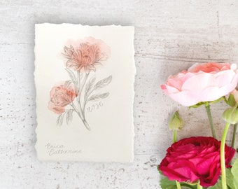 June Birth Flower Original Drawing - June Birthday gifts - Rose flower art - Honeysuckle Flower Art - Birth flower artwork gifts