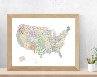 Map of United States, State Flowers, Thinking of You, Gardening Gift, Best Friend Gift,