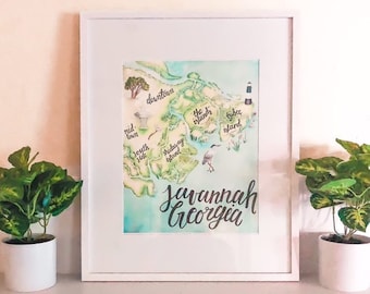 Savannah Georgia Map - Coastal Watercolor Illustration - Fine Art Print