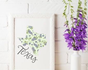 Texas State Map - Illustrated Art Print - Texas State Flower