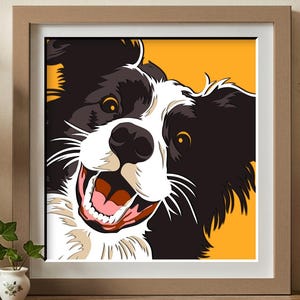 May include: A framed art print featuring a stylized illustration of a Border Collie dog with a happy expression. The dog is depicted in black and white with a yellow background. The frame is a light brown color. The image includes the text "7 LAYERS".