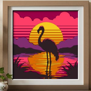 May include: A square framed wall art print featuring a silhouette of a flamingo standing in water against a large yellow sun, purple clouds, and a vibrant pink sky. The text DXF, EPS, JPG, PNG, SVG, AI, PDF, and 6 LAYERS is printed at the bottom.