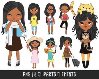 African American girl clip art set 1, black haired illustration, cute girl sticker, beautiful girl clipart, Instant Download PNG file 300dpi