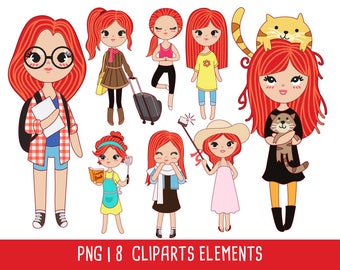 Redhead girl clip art set 1, redhead illustration, cute girl sticker, beautiful girl cartoon clipart, Instant Download PNG file 300 dpi