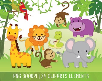 Jungle animal clip art, Jungle Friends sticker, Jungle animal cartoon, cute animal clipart, Instant Download PNG, planner, Christmas clipart