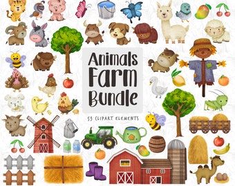 Clipart Bundle, Animal Farm, digitaler Download, Tierzeichnung und Illustration, druckbare Einladung Wandkunst, Bauernhof Feld Clipart