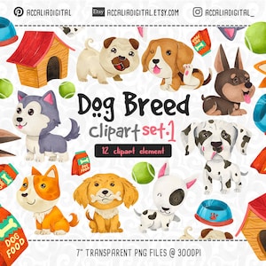 Watercolor Dog Clipart Set 1, Watercolor Dog png, Bull Terrier, Beagle, Husky, Pug, hand-drawn Dog for DIY Crafts, Invitations & Decor