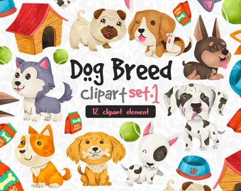 Aquarell Hund Clipart Set 1 | Niedliche Corgis, Bullterrier, Beagle, Husky, Mops | Digitale Illustrationen für Bastelarbeiten, Einladungen