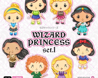 Wizard Princess Clip art set 1, Cute princess sticker, wizard planner sticker, birthday invitation, wizard planer, magical character