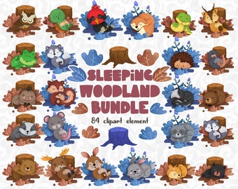 Paquete de imágenes prediseñadas de Sleeping Woodland, animales en reposo, pegatina de amigos del bosque de la siesta, baby shower del bosque, decoración de la guardería