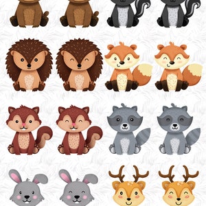 May include: A set of 10 adorable woodland animal illustrations. The animals include a bear, skunk, hedgehog, fox, squirrel, raccoon, rabbit, and deer. Each animal is depicted in a cute, cartoon style with bright colours and friendly expressions.