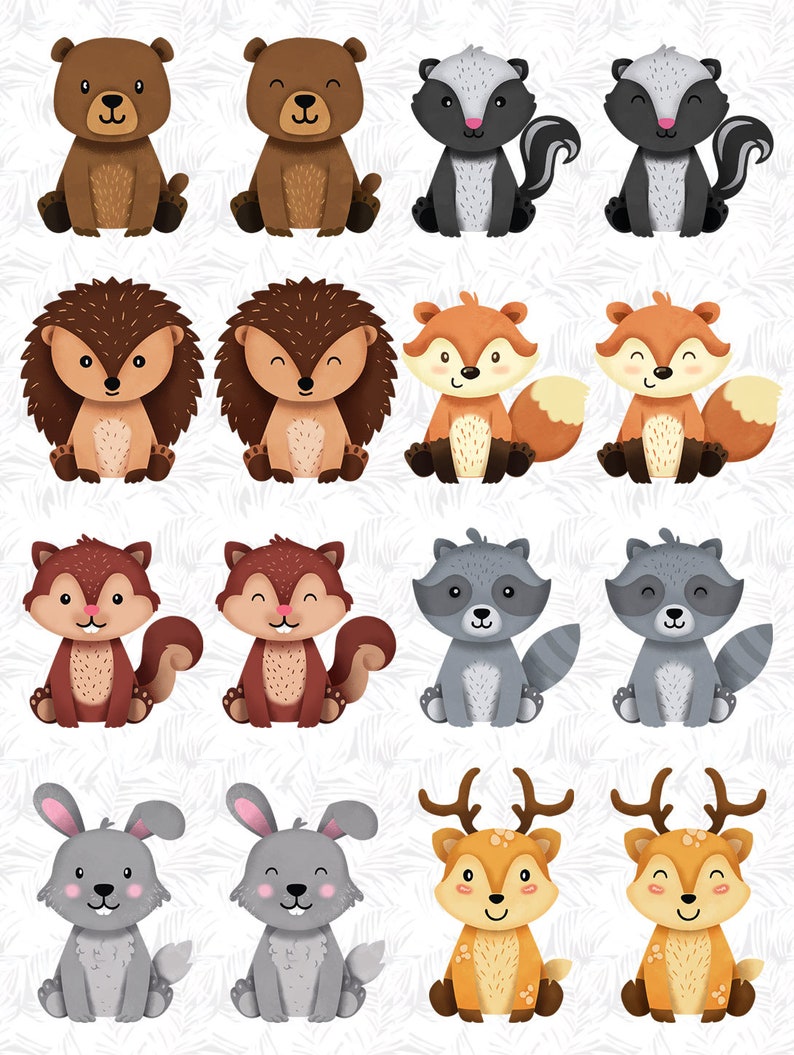May include: A set of 10 adorable woodland animal illustrations. The animals include a bear, skunk, hedgehog, fox, squirrel, raccoon, rabbit, and deer. Each animal is depicted in a cute, cartoon style with bright colours and friendly expressions.