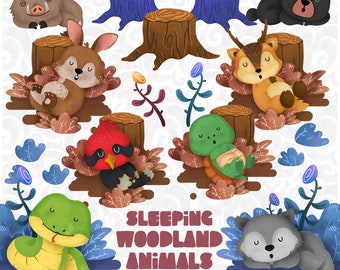 Sleeping Woodland Clipart set 3, resting animals, snoozing Forest Friends sticker, woodland baby shower, Nursery Décor