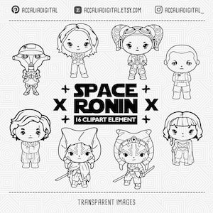 May include: Black and white clipart images of characters from the Star Wars universe. The characters are in a chibi style, with large heads and small bodies. The characters include a Jedi, a Mandalorian, a Stormtrooper, and a droid. The text "SPACE RONIN" and "16 CLIPART ELEMENT" is also included in the image.