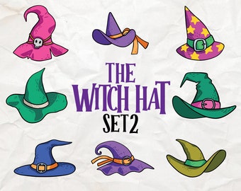 Witch Hat colored Silhouette svg set 2, Halloween Decor,  Magical hat Crafts, Mystical Headwear SVGs, Halloween hat vector