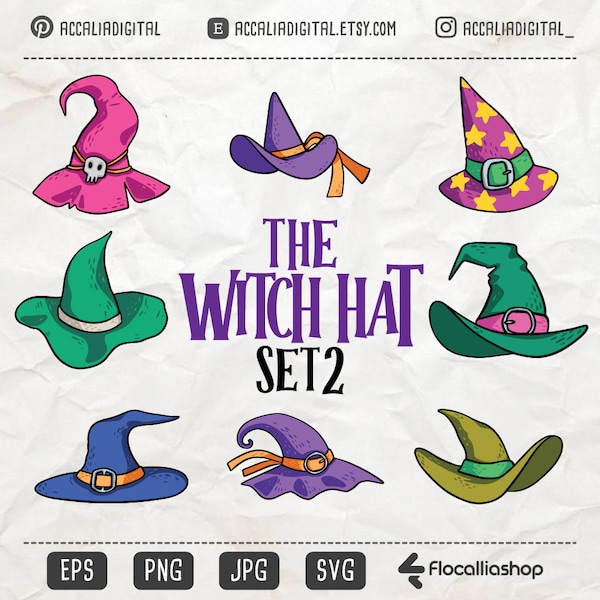 Witch Hat colored Silhouette svg set 2, Halloween Decor,  Magical hat Crafts, Mystical Headwear SVGs, Halloween hat vector