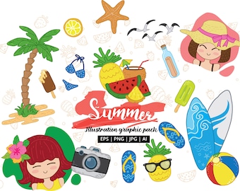 Summer sticker Bundle, Girls clip art, tropical beach girls clipart, vacation lady, teenager vacation, Instant Download PNG file 300 dpi