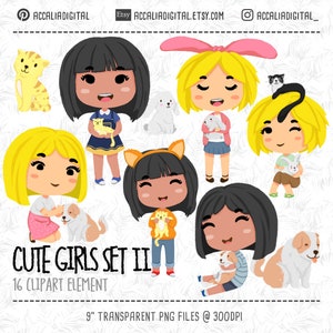 Cute girls clipart, girls sticker, african american girl, black girls and pet, blonde girls, dog clipart, cat clip art, rabbit clipart