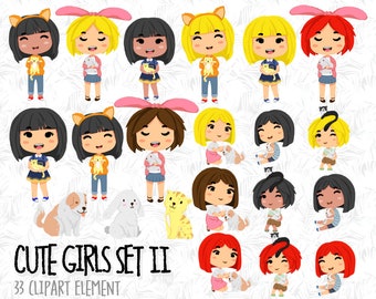 Cute girls clipart bundle, girls sticker, african american girl, black girls sticker, blonde girls, redhead clip art, rabbit clipart