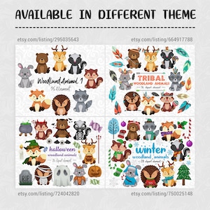 May include: Four sets of woodland animal illustrations in different themes: Woodland Animal 1, Tribal Woodland Animals, Halloween Woodland Animals, and Winter Woodland Animals. Each set features a variety of animals, including a fox, raccoon, deer, skunk, rabbit, hedgehog, and bear. The illustrations are in a cartoon style and are perfect for use in digital scrapbooking, card making, and other craft projects.