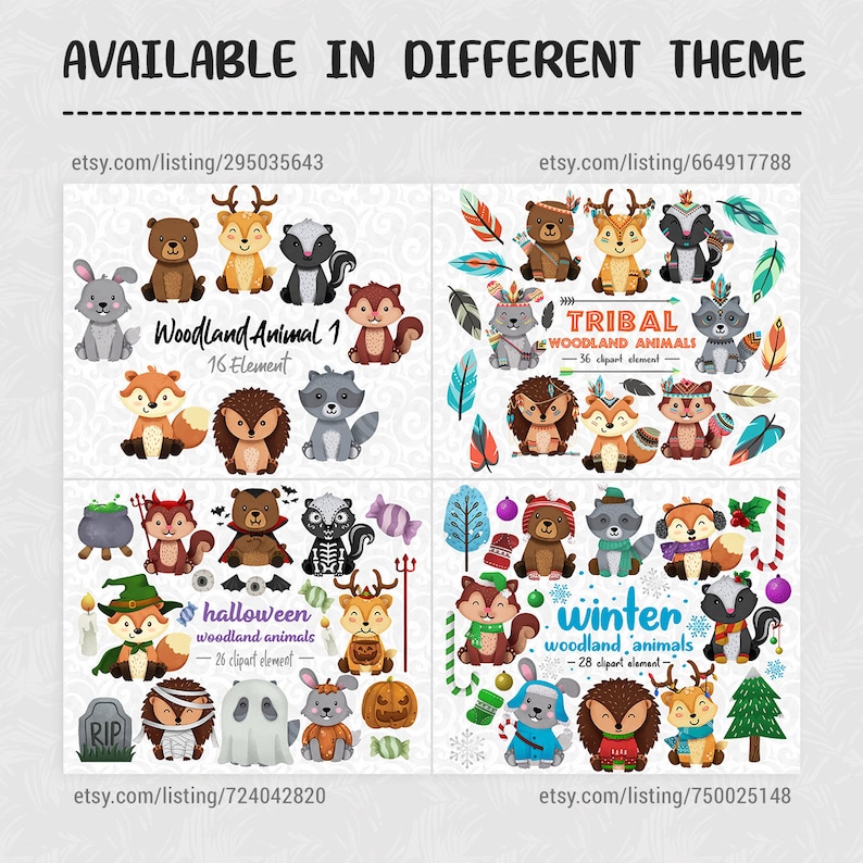 May include: Four sets of woodland animal illustrations in different themes: Woodland Animal 1, Tribal Woodland Animals, Halloween Woodland Animals, and Winter Woodland Animals. Each set features a variety of animals, including a fox, raccoon, deer, skunk, rabbit, hedgehog, and bear. The illustrations are in a cartoon style and are perfect for use in digital scrapbooking, card making, and other craft projects.