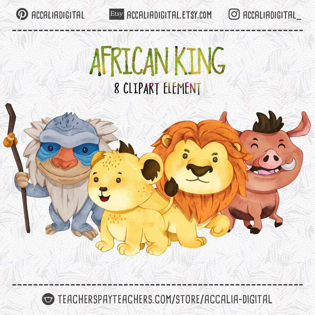 African Animal King Clip Art, Lion and Friends Sticker, African Party