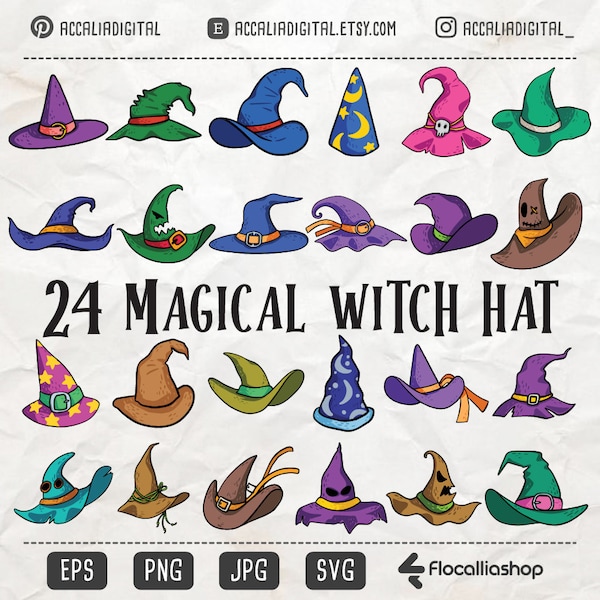 Witch Hat colored Silhouette svg Bundle, Halloween Decor,  Magical hat Crafts, Mystical Headwear SVGs, Halloween hat vector