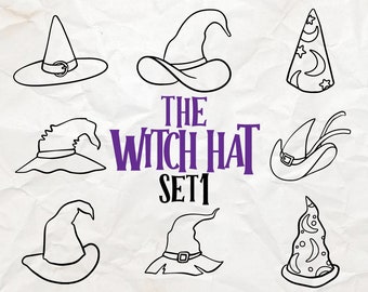 Witch Hat outlined Silhouette svg set 1, Halloween Decor,  Magical hat Crafts, Mystical Headwear SVGs, Halloween hat vector