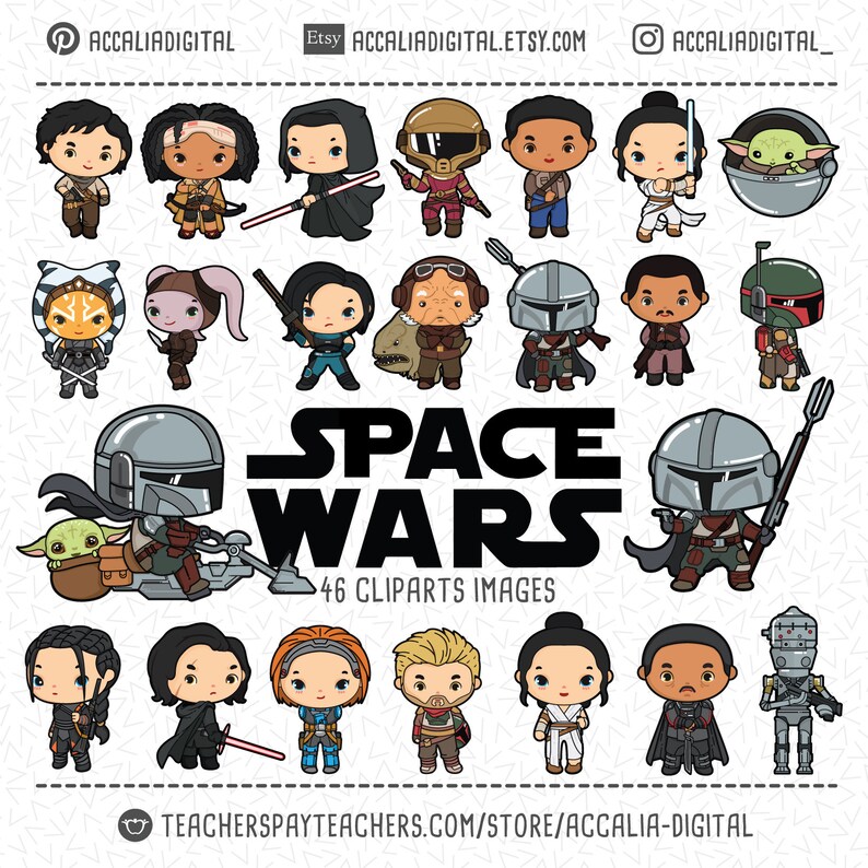 Space wars Clip art Bundle 2, clipart mando mignon, dessin animé de personnage spatial, fête de personnage spatial, clipart despace image 2