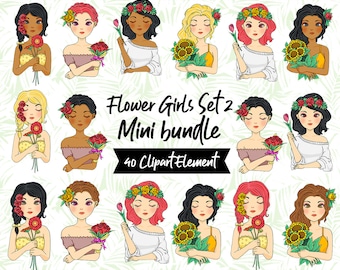 flower girl bundle clip art, African american illustration, cute girl cartoon, beautiful girl sticker, digital clipart, black haired girls