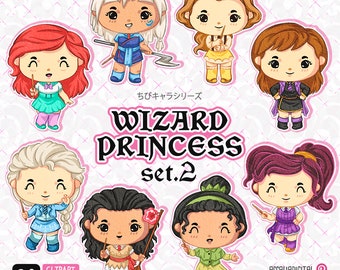 Wizard Princess Clip art set 2, Linda pegatina de princesa, pegatina del planificador de magos, invitación de cumpleaños, cepilladora de magos, personaje mágico