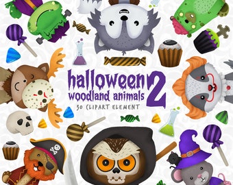 Halloween Woodland Set 2, gruselige Tiere, Clip Art, Horror ClipArt, Halloween Kostüme Clipart, gruselige Waldtiere