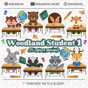 Woodland Student Animals Clipart, Back to School Clipart, Waldfreunde Sticker, Schultier, freundliches Tier, Wald baby shower