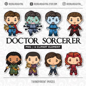 Puede incluir: Un conjunto de 16 imágenes de clipart digital que presentan varias versiones de Doctor Strange, incluida una versión zombie, una versión de tres ojos y una versión que lleva una capa roja. Las imágenes son de estilo de dibujos animados y son perfectas para usar en proyectos digitales.