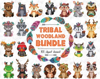 Clipart bundle, tribal woodland animal, digital download, native American drawing, boho Art, printable invitation, Digital Painting woodland