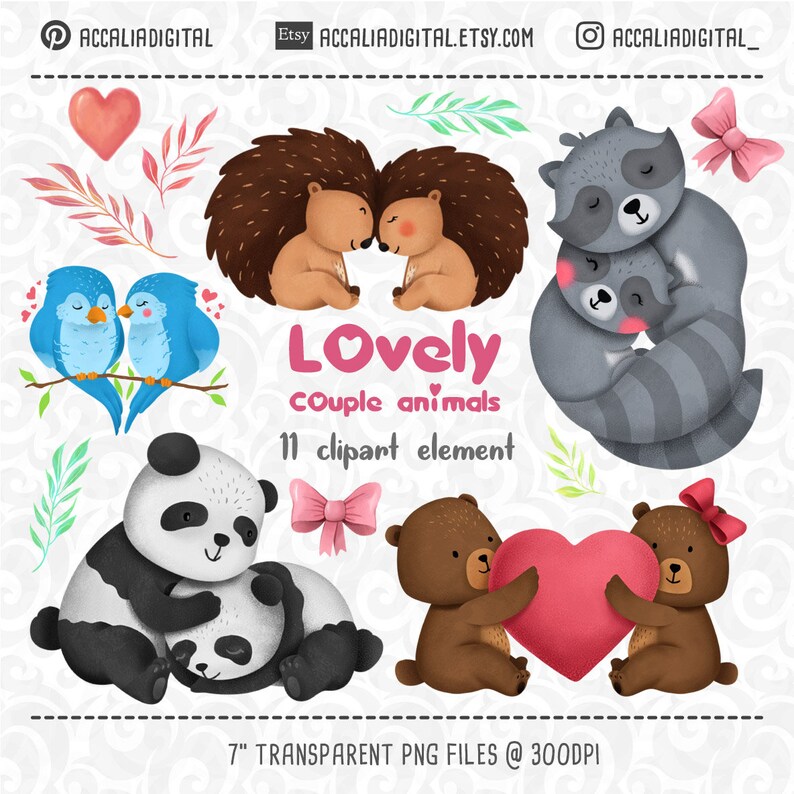 Animal couple clipart Set2 couple sticker Love balloon | Etsy