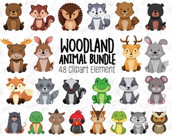 Puede incluir: Un conjunto de 48 ilustraciones de clipart de animales del bosque. Los animales son de estilo de dibujos animados y presentan una variedad de especies, incluidos osos, ciervos, ardillas, mapaches, búhos y mucho más. Las ilustraciones están en un estilo lindo y caprichoso, perfectas para usar en libros para niños, manualidades y otros proyectos creativos.