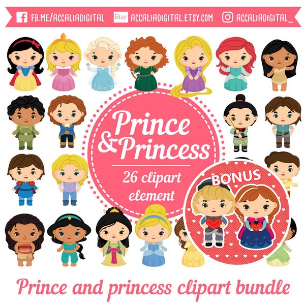 Princess and Prince Clip art bundle , Cute prince sticker, Princess party cartoon, princess clipart -  Christmas clipart