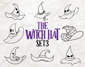 Witch Hat outlined Silhouette svg set 3, Halloween Decor,  Magical hat Crafts, Mystical Headwear SVGs, Halloween hat vector