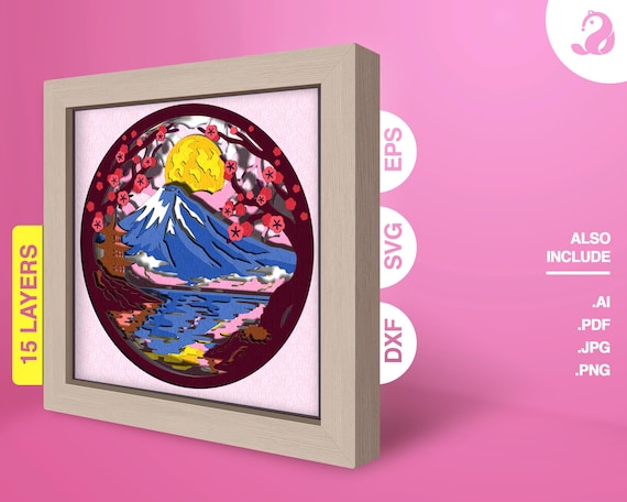 Mount Fuji Sakura 3D Shadow Box SVG - Japanese Landscape Layered