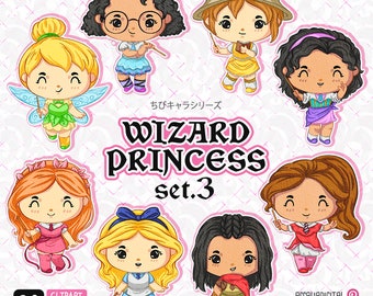 Wizard Princess Clip art set 3, Linda pegatina de princesa, pegatina del planificador de magos, invitación de cumpleaños, planificador de magos, personaje mágico